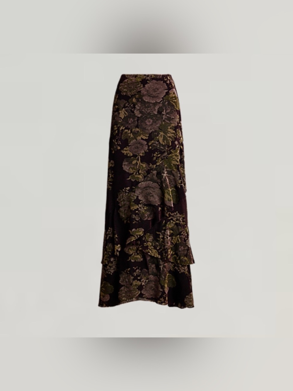 Lauren Ralph Lauren Floral Burnout Velvet Tiered Maxi Skirt Brown Sz 10 NWT - Picture 2 of 9